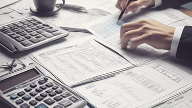 The scene includes a dimly lit workspace with a focus on tax-related documents, a pen, and a mug. The documents are prominently featured on the table, indicating a financial or tax preparation setting.