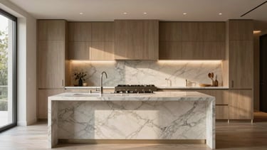 Straight-on architectural elevation of a luxury residential kitchen, featuring perfectly aligned marble veining on the waterfall island, warm diffused natural window light, flawless flush cabinetry joints, editorial style.