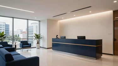 A wide-angle, professional photography shot of a high-end corporate office interior in Bangalore, South Asian / Indian setting. The scene showcases a modern reception area with sleek furniture in dark blue and polished off-white walls. Soft architectural lighting creates a trustworthy and efficient atmosphere. Large windows reveal a glimpse of a clean, urban professional district.