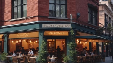 City street with small businesses and digital technology overlays