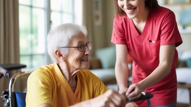 A warm and inviting living room with a caregiver and client enjoying a conversation.