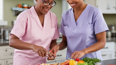 A caregiver assisting an elderly person with meal preparation in a cozy kitchen.