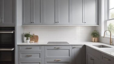 example of grey cabinets with quartz countertops