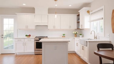white cabinets with quartz countertops and gold accents