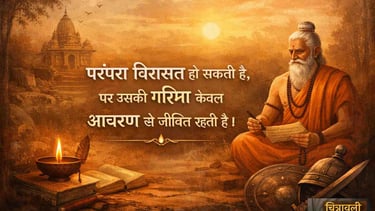 परंपरा और आचरण पर आधारित उद्धरण के साथ भारतीय सांस्कृतिक प्रतीकात्मक चित्र — ऋषि, दीपक और ज्ञान का वातावरण