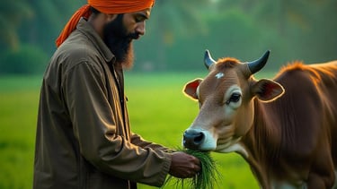 गौमाता की सेवा करता युवा - करुणा का प्रतीक