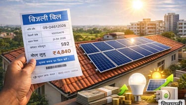 सोलर पैनल लगे घर के साथ बिजली बिल और ऊर्जा बचत संकेत