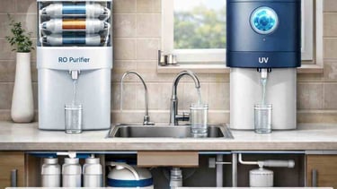 RO और UV जल शुद्धिकरण प्रणाली की तुलना दिखाता घरेलू सेटअप
