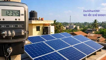 भारतीय घर की छत पर लगा 3 किलोवाट सोलर पैनल सिस्टम और सामने डिजिटल बिजली मीटर