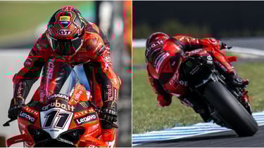 two pictures of a person riding a motorcycle