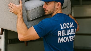 a man in a blue shirt is holding a couch and a couch