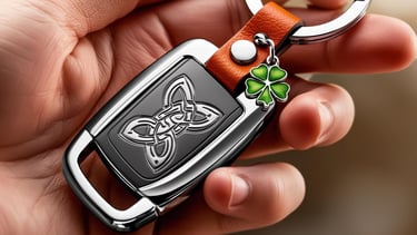close-up of hand holding a key fob with a Celtic engraving hooked by brown leather to keyring and a four leaf clover keychain