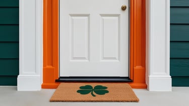 Front door of a house with a welcome mat and door lock, representing residential locksmith services from home security