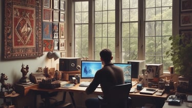 A person working at a music production setup with a large monitor displaying music editing software. The room has dim lighting with a red lamp casting a warm glow. Various studio equipment and accessories, such as a keyboard and mixing console, are present.
