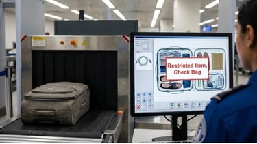 At airport Checked-in baggage scanned through the x-ray 