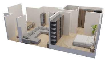 3D floor plan layout of a modern studio apartment with a grey sectional sofa and neutral bedroom decor.