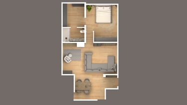 Modern 3D floor plan for a studio apartment with hardwood floors, a large sectional, and a dining area.