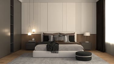 Modern master bedroom with a beige upholstered bed, gold pendant lights, and luxury minimalist decor.