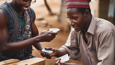 A person holding a tablet with a digital interface displaying a transaction completion message. Various denominations of U.S. currency are laid out on the counter in front of the tablet.