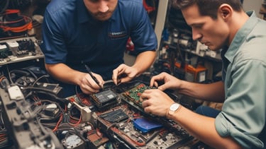A person is repairing a smartphone with a damaged screen. They hold a screwdriver while wearing an anti-static wristband.