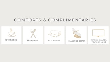 complimentary beverages, snacks, hot towel, massage chair, netflix, amazon, spotify, youtube