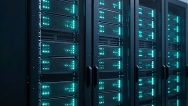 Server racks glowing with soft teal LED lights in a state-of-the-art enterprise data center, deep navy blue shadows, highly professional.