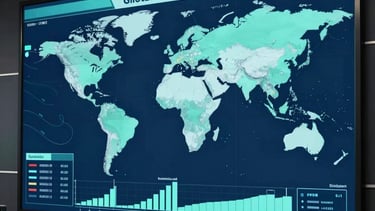 A large digital display showing global logistics data in a modern control room setting, dark navy blue background with soft teal highlights.