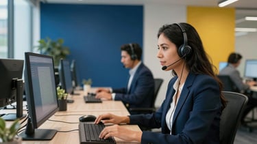 A clean, modern South American corporate office interior with soft natural light. In the background, professional staff are working at workstations with advanced technology headsets. The scene features deep blue and yellow brand colors in the decor, reflecting efficiency and professionalism.