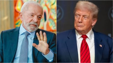  Divisão de imagem com Lula à esquerda e Donald Trump à direita, ambos de terno.