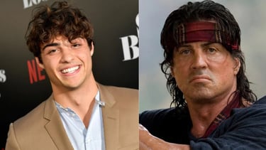 Noah Centineo e Sylvester Stallone em montagem fotográfica, com expressões diferentes.