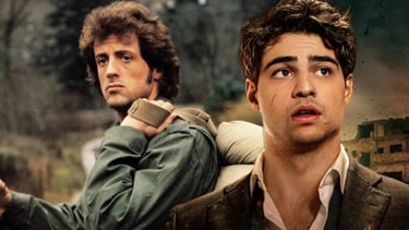 Sylvester Stallone jovem e Noah Centineo em uma montagem fotográfica de ação.