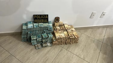  Pilhas de dinheiro apreendido pela Polícia Federal, com notas de 100 e 50 reais.