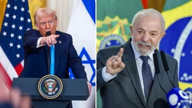 Donald Trump e Lula gesticulam em seus respectivos pódios, com bandeiras ao fundo.