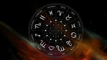 Círculo astrológico com os doze signos do zodíaco, com um fundo de galáxia nebulosa.