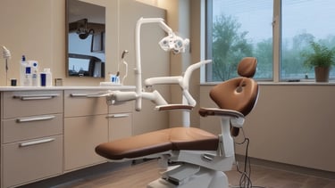 A clean and modern dental office with a dental chair, stools, and various dental equipment in shades of white and teal. The room features a framed artwork, some potted plants, and a bench along one wall. The environment is well-lit with overhead lighting, and there are multiple cabinets and drawers for storage.