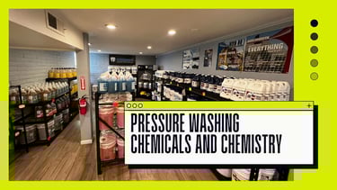 A store display of available chemicals and othe supplies for the pressure washing industry