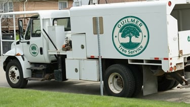 uilmer Tree Service utility truck with aerial lift parked on a residential street in Arlington, VA,