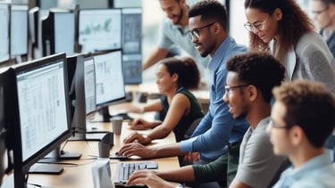 A diverse group of professionals collaborating over digital devices in a modern office.