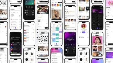 Multiple smartphone screens displaying various UI UX design layouts for a salon booking and management mobile app.