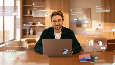 Professional property manager using AI property management software with data analytics holographic overlays.