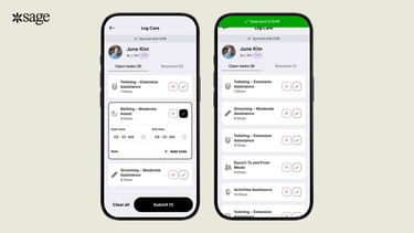 Sage healthcare mobile app interface showing digital care logs and task tracking for elderly patients.