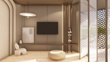 Minimal TV lounge with curved wall, UAE home design by Moori Interiors