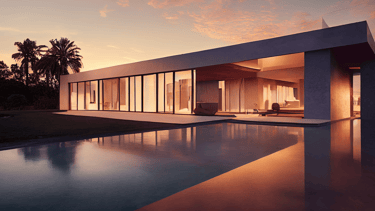 Sunset view of a sleek, modern house with a pool reflecting the sky and the building.