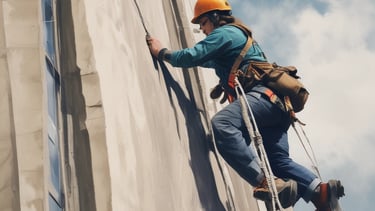 Worker painting a tall building facade using rappelling gear