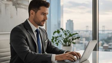 a man in a suit and tie is sitting at a table