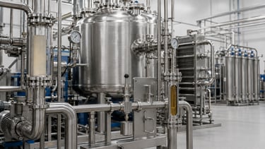 Starch hydrolysate processing line with sanitary sampling and sight-glass monitoring.