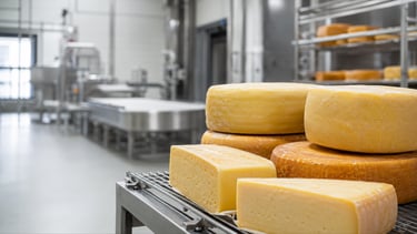 Premium cheese wheels and blocks on stainless-steel racks in a modern European dairy