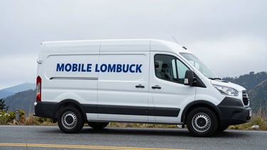 Sharp editorial photography of a clean white mobile locksmith service van parked on the shoulder of a scenic Pacific Northwest road, overcast sky, professional branding visible on the van side