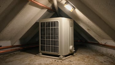 Wide environmental shot of a residential air handler unit tucked into an attic corner, dust and wear visible on the housing, single tungsten work light casting warm shadows, copper refrigerant lines running along the rafters, no people present