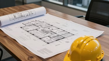 Professional high-angle photography of a modern Latin American architectural planning office. On a large oak table, complex blueprints and a protective yellow hard hat are visible. In the background, floor-to-ceiling windows reveal a blurred urban skyline at dusk. The lighting is warm and cinematic, emphasizing textures of paper and wood with a color palette of mustard yellow and dark slate.